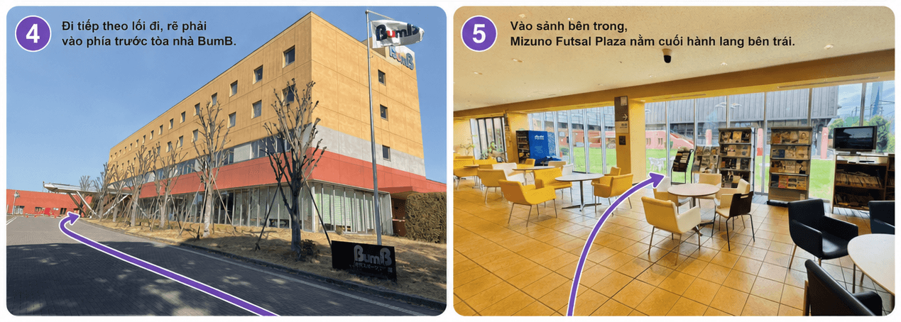 Bước 4 và 5 — Vào nhà thi đấu và ra cửa vào sân bóng